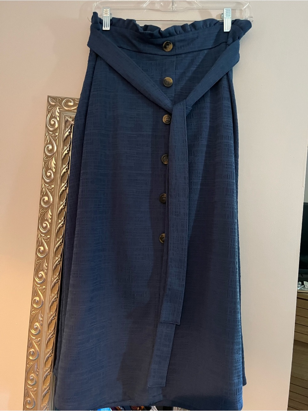 Soho Navy Button-Front Maxi Skirt with Tie Paperbag Waist